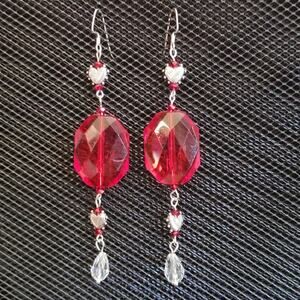 Red faceted & silver heart earrings